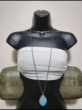 Silver Chain With Two Sided Blue Oval Sterling Silver Pendant - Women Jewelry